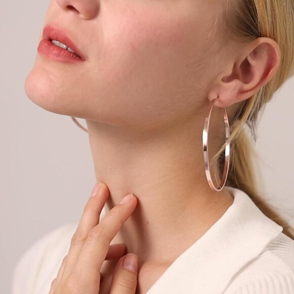 Sterling Silver Hoop Earrings Large Rose Gold Lightweight Big Hoops for Women - Picture 3 of 6